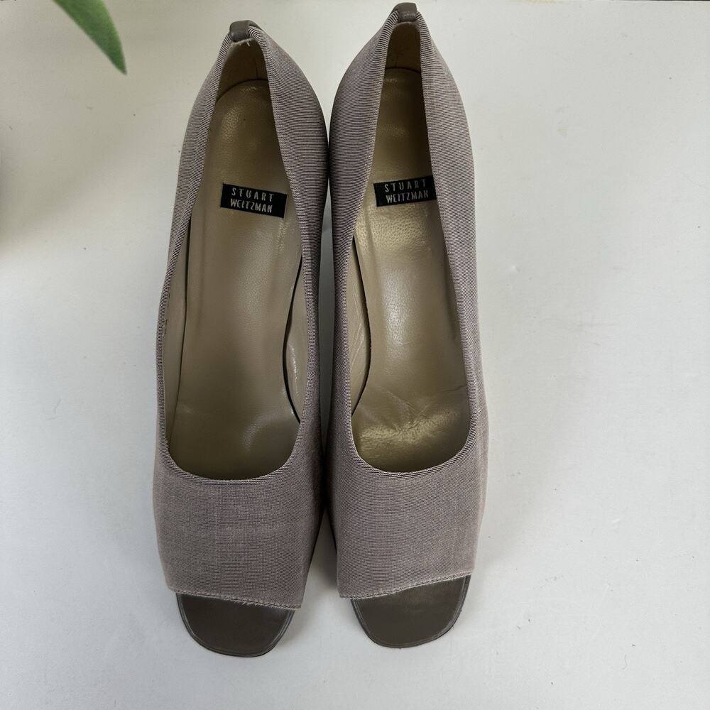 Stuart Weitzman Shimmer Taupe Textile Block Heel Pumps Peep Toe Shoes Size 10 AA - Picture 3 of 9